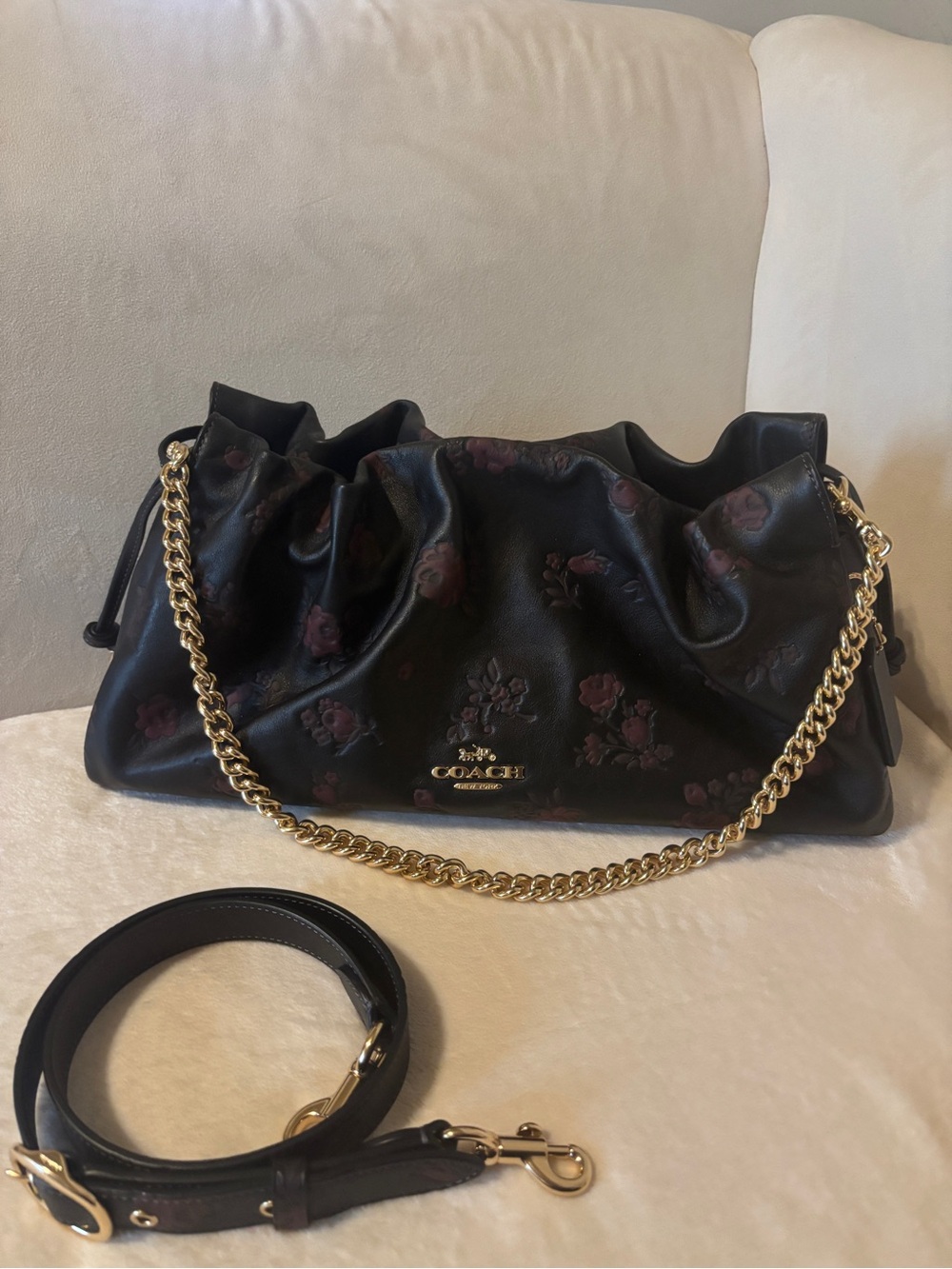 Coach Faye Large Shoulder Bag Black Floral Leather